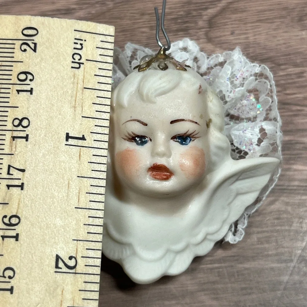 VTG Ceramic Cherub Angel Head Wings &‎ Sunburst Floral Christmas Ornaments Set